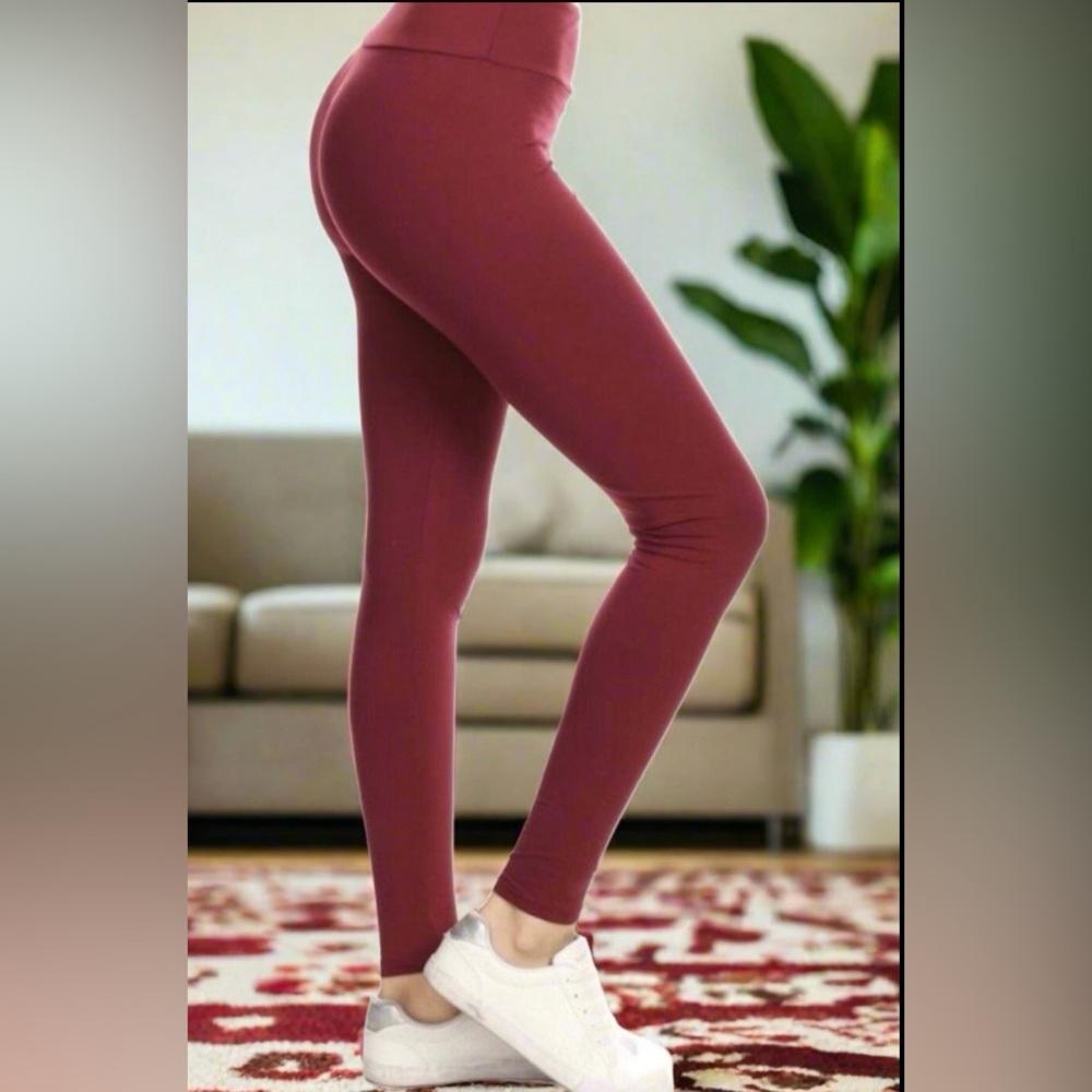 OS/TC NEW Womens Maroon Burgundy YOGA WAIST Leggings Solid Yoga Pants